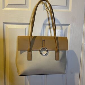 Sequoia Elegant Synthetic Tan and Cream large shoulder bag silver tone hardwares